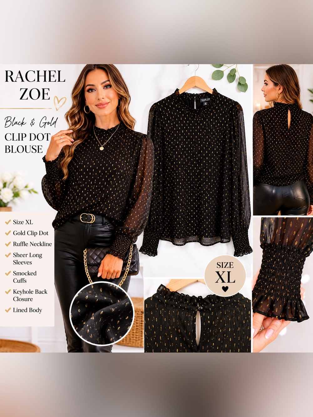 Rachel Zoe Black & Gold Clip Dot Blouse Size XL